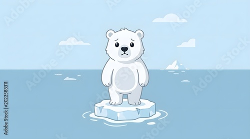 Sad polar bear standing on a small melting ice floe in the middle of the ocean, climate change and global warming concept