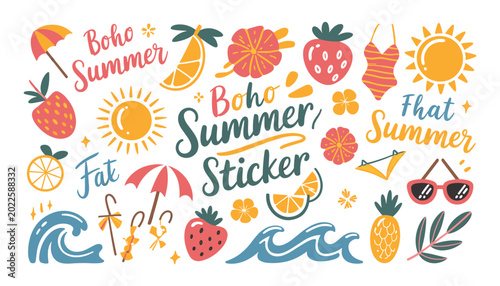 Boho summer sticker pack illustration with tropical fruits and beach elements