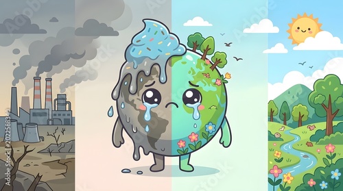 Cartoon illustration of a sad earth character split between a polluted industrial landscape and a healthy natural environment