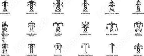 Foto Icon Set of Electricity Transmission Towers and Poles with Labels and Different