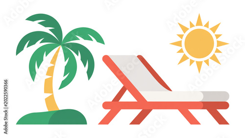 Fotografie Relaxing vacation scene with palm tree and deck chair under sunny sky Vector