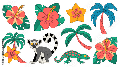 Photography Colorful tropical illustration with palm trees, stars, fish, and animals in a ch