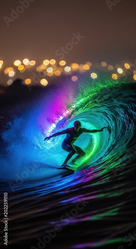 Surfer rides a glowing wave at night with city lights in the background.