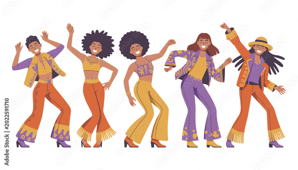 Fototapeta premium Diverse women dancing 1970s retro style illustration