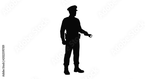 Fotografia police officer silhouette with flashlight on white background