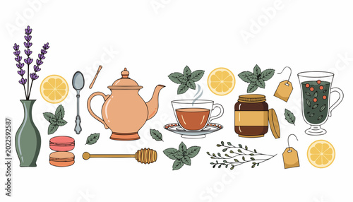 Elegant Tea Time Watercolor Illustration Set on White Background
