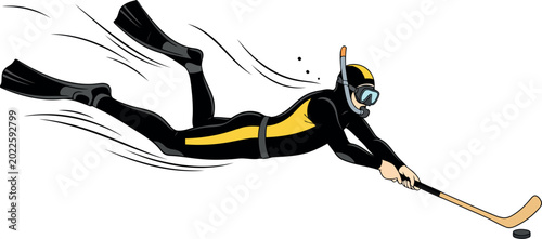 Scuba diver playing ice hockey underwater with puck