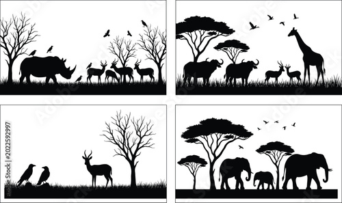 Photography African wildlife silhouettes with elephants, giraffes, rhinoceros, antelopes, an
