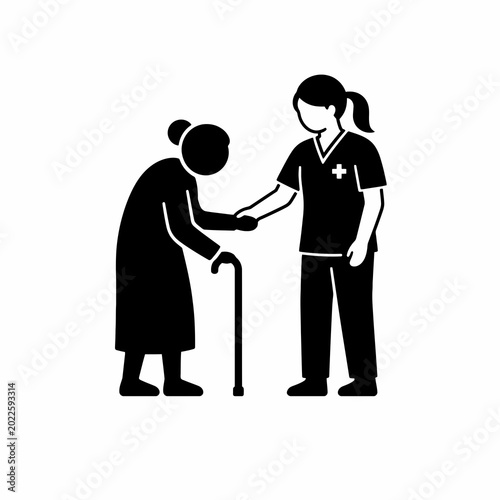 Nurse assisting elderly woman with walking cane
