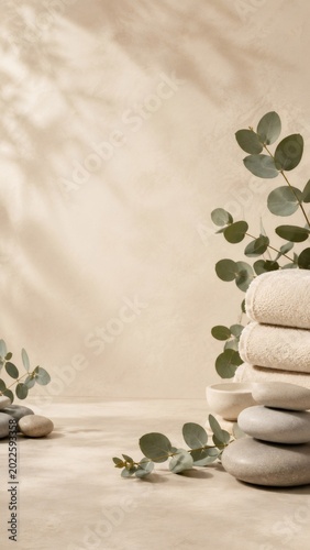 Eucalyptus branches framing stacked towels and balance stones for wellness and spa ambiance