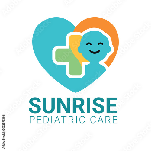 Sunrise Pediatric Care Logo Template with Happy Child Face Heart and Medical Cross Symbol