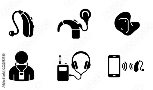 Tableau sur toile Hearing Aid Icons Set, Audiology Equipment Vector Graphics, Sound Amplification