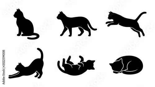 Bilde på lerret Black Cat Silhouettes Vector Set: Playful Feline Poses, Domestic Pet Icons, Simp
