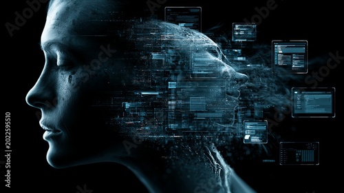 human face dissolving into pixels and interface windows, digital identity crisis concept, futuristic minimalism 