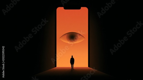 giant smartphone screen watching tiny human from dark room, surveillance anxiety concept hi-res 8K