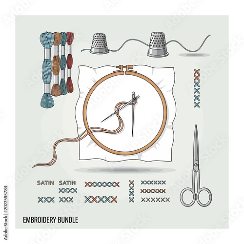 Embroidery crafting set with needle hoop thread thimble and scissors, embroidery