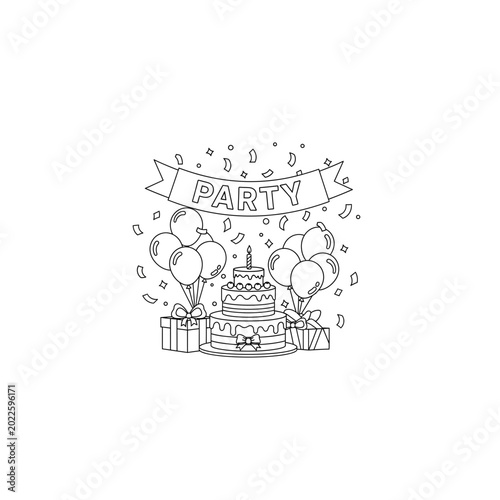 Birthday party celebration line art illustration with cake balloons and gifts