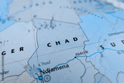 Map of Chad styled in grey color. Selective focus on label, close-up view