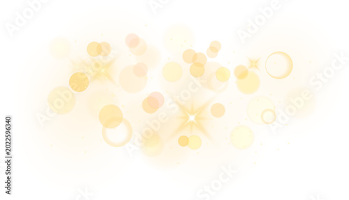 Golden bokeh light overlay effect with glowing gold sparkle glitter shine and blurred star particles on transparent night background for festive holiday decoration backdrop