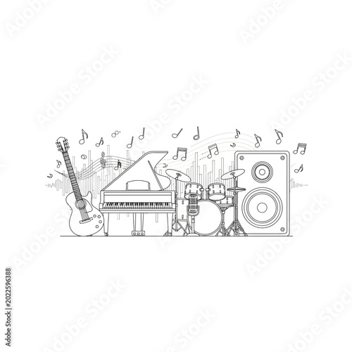 Musical instrument collection line art composition with notes, instrument