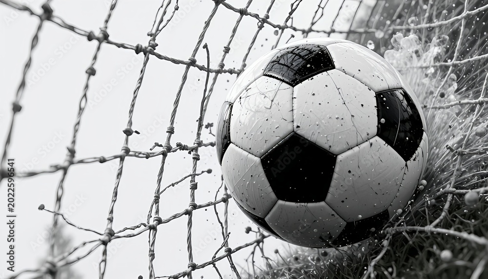 Fototapeta premium Black and white soccer ball crashing into a goal net with dramatic ink splash effects, capturing intense motion, impact, and dynamic sports energy on a clean background