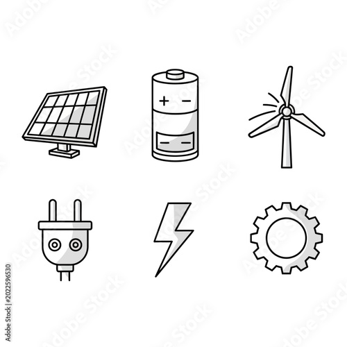 Renewable energy and electrical power line art icons with renewable, electricity