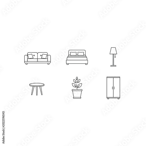 Furniture and home interior decor line art icon set with furniture, interior