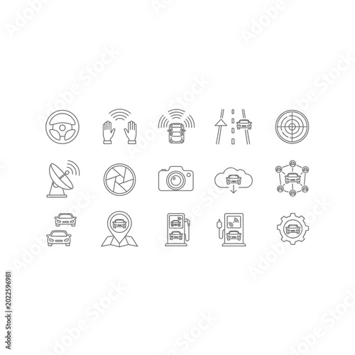 Technology and automotive digital interface icon set with automotive, technology