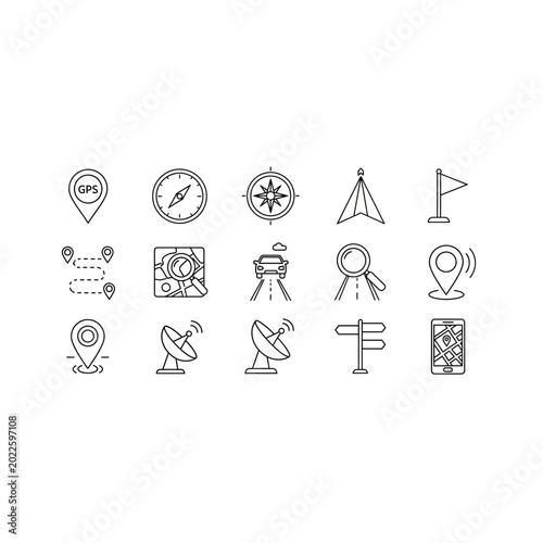 Set of location navigation and gps mapping line icons with navigation, location