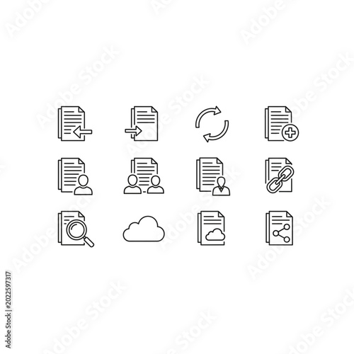 Digital document and file management interface icons with document, interface