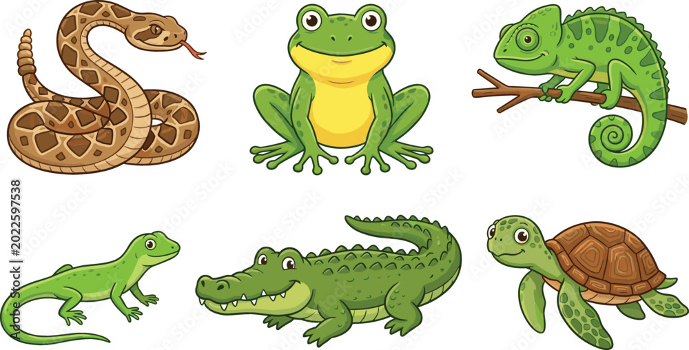 Fototapeta premium Collection of cute cartoon reptile and amphibian characters including snake frog chameleon lizard crocodile and sea turtle isolated on white background