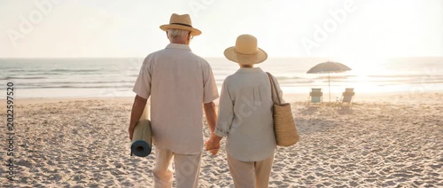 Elderly Couple Walking Hand in Hand on Beach at Sunset Vacation Holiday Travel Summer Concept Video