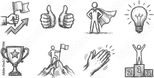 Business success icons set featuring hand drawn sketches of trophy flag lightbulb superhero and winners standing on podium