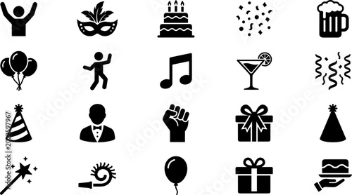 Tableau sur toile Party and Celebration Black Silhouette Icon Set Featuring Birthday Cake Balloons