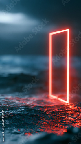 Glowing red rectangle portal hovering over a stormy ocean for a dramatic and atmospheric surreal concept. Defocused ocean background. Red portal stormy, glowing rectangle,