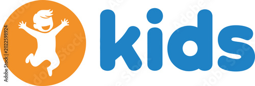 Blue kids typography with orange icon playful modern children theme Vector Design