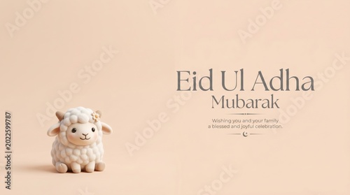 Eid Ul Adha Mubarak greeting card with cute sheep toy, minimalist Islamic holiday background, festive celebration banner with elegant typography