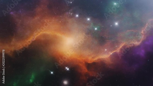 Vibrant cosmic nebula with glowing gas and dust clouds, featuring scattered stars in a colorful deep space environment.
