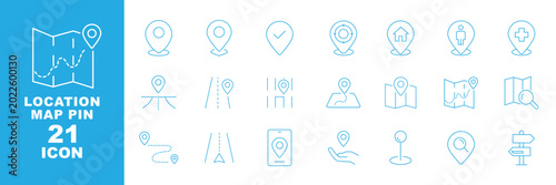 Location line icon set. Vector pictograms of map pins, navigation routes, destination markers, search pointers, geotags, and address symbols, thin linear illustration. Highways, directions, driving