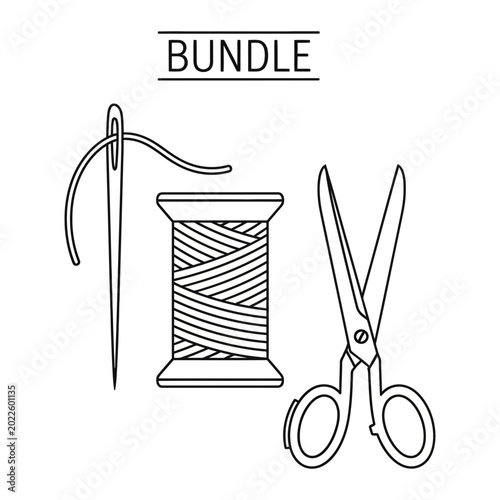Tableau sur toile Sewing and tailoring equipment outline icons bundle with scissors, tailoring
