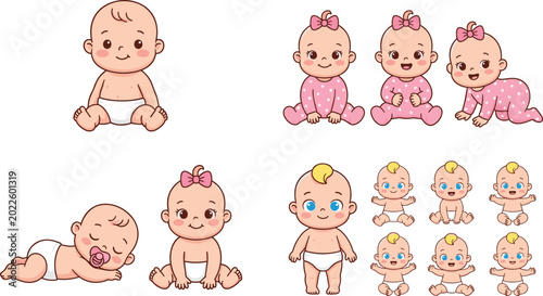 Foto Sweet Cartoon Baby Girls and Boys Vector Set with Pink Polka Dot Triplet Girls a
