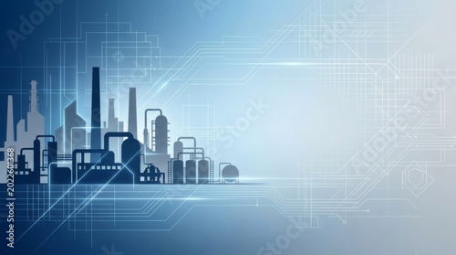 Professional background for industrial business presentation with abstract factory silhouettes and engineering lines