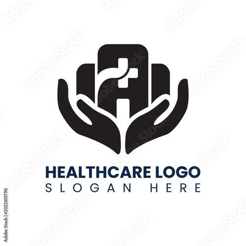 Caring Hands Healthcare Logo Design with Medical Kit Icon and Cross Symbol