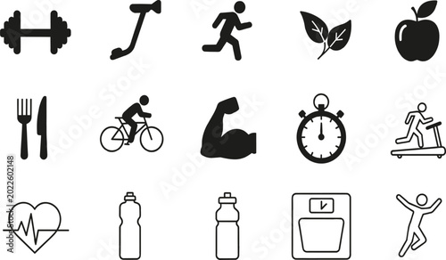Tableau sur toile Fitness, and, healthy, lifestyle, vector, icon, set, featuring, gym, equipment, nutrition, symbols, heart, rate, athlete, figures, and, wellness, silhouette, graphics