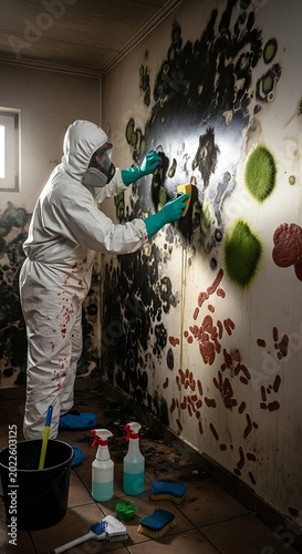 Person in hazmat suit cleans moldy wall with sponges and spray bottles