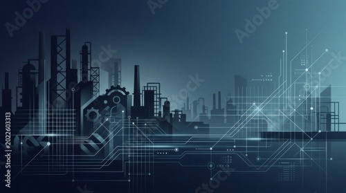 Professional background for industrial business presentation with abstract factory silhouettes and engineering lines