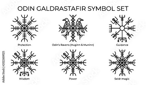 Fotografie Odin Rune Galdrastav Black Grey Outline Vector Icon Set