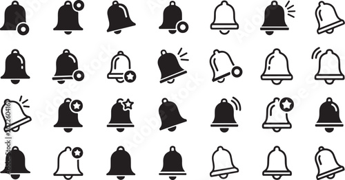 Vintage Bell Icon Set Seamless Pattern – Black Alarm, Notification and Service Bells.