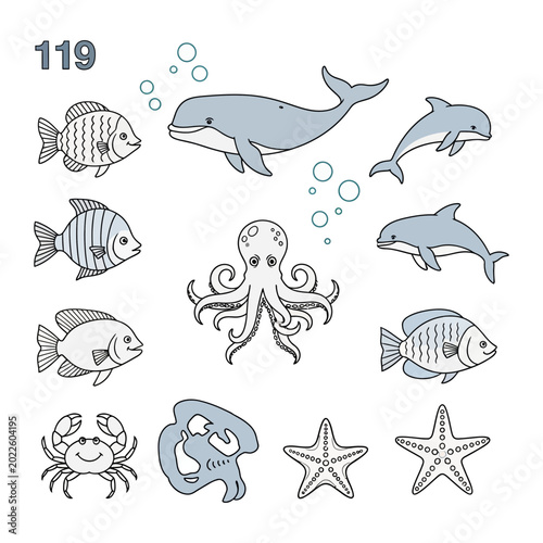 Set of marine animals and ocean life icons including whales and fish