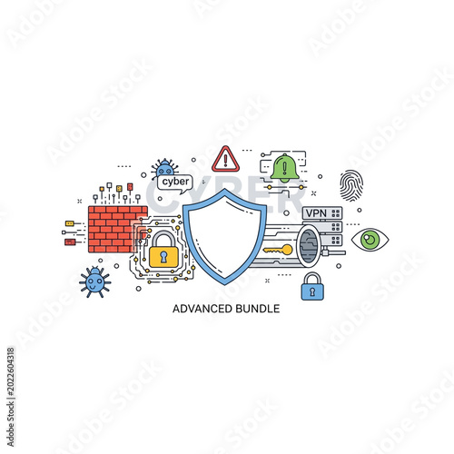 Cybersecurity protection shield and digital data safety concept icons